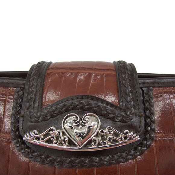 MC Western Faux Croc Shoulder Bag Brown Tooled Heart Clasp & Keychain - Picture 5 of 8